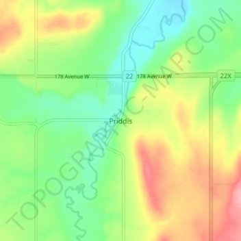 Mapa topográfico Priddis, altitud, relieve