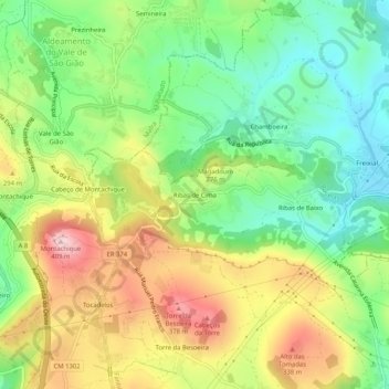Mapa topográfico Ribas de Cima, altitud, relieve