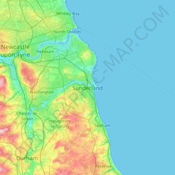 Mapa topográfico Sunderland, altitud, relieve