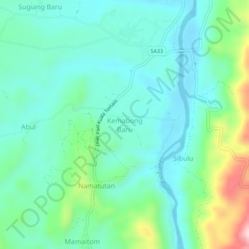 Mapa topográfico Kemabong Baru, altitud, relieve