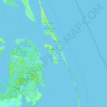 Mapa topográfico Roanoke Island, altitud, relieve