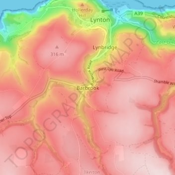 Mapa topográfico Barbrook, altitud, relieve