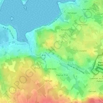 Mapa topográfico Menhir de Saint-Uzec, altitud, relieve