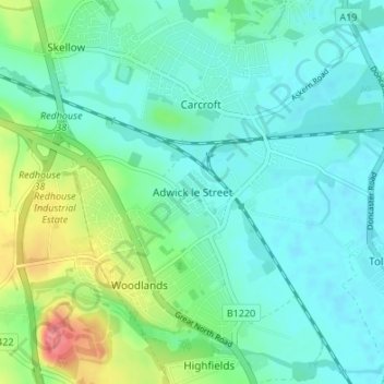 Mapa topográfico Adwick le Street, altitud, relieve