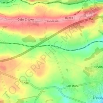 Mapa topográfico Llangewydd, altitud, relieve