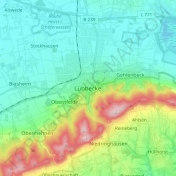Mapa topográfico Lübbecke, altitud, relieve