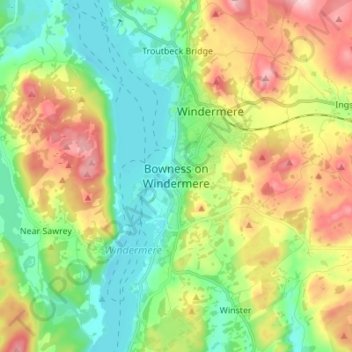 Mapa topográfico Bowness on Windermere, altitud, relieve