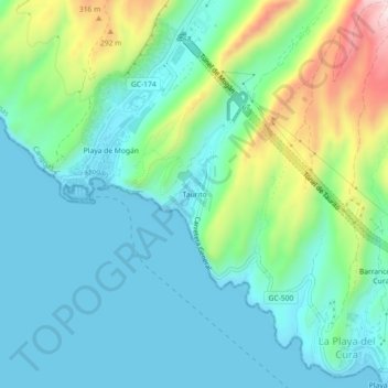 Mapa topográfico Taurito, altitud, relieve