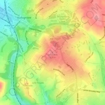 Mapa topográfico Goldenhill, altitud, relieve
