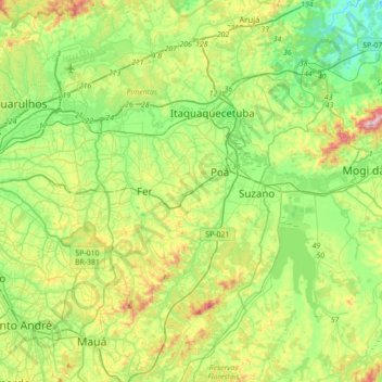 Mapa topográfico Ferraz de Vasconcelos, altitud, relieve