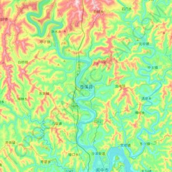 Mapa topográfico 苍溪县, altitud, relieve