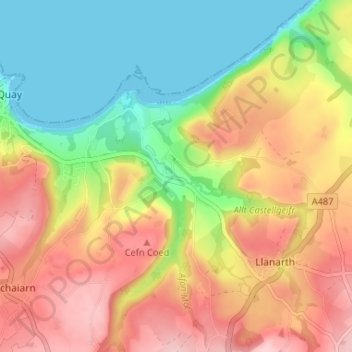 Mapa topográfico Gilfachrheda, altitud, relieve