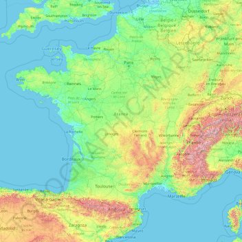 Mapa topográfico France métropolitaine, altitud, relieve