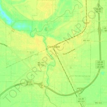 Mapa topográfico Clarksdale, altitud, relieve