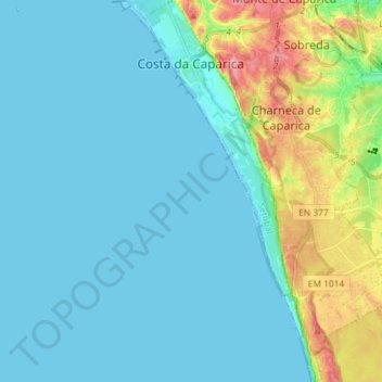 Mapa topográfico Costa da Caparica, altitud, relieve