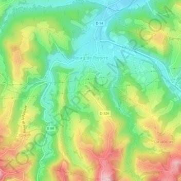 Mapa topográfico Bourg-de-Bigorre, altitud, relieve