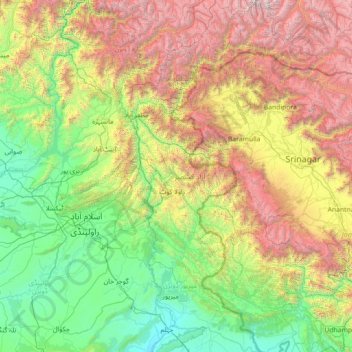 Mapa topográfico Azad Cachemira, altitud, relieve