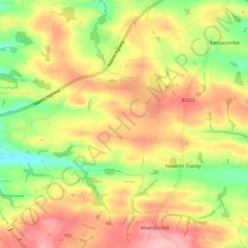 Mapa topográfico Horwood, Lovacott and Newton Tracey, altitud, relieve