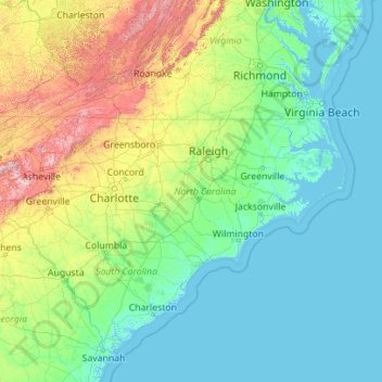 Mapa topográfico North Carolina, altitud, relieve