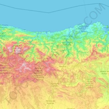 Mapa topográfico Cantabrië, altitud, relieve