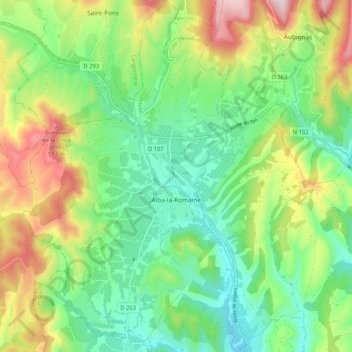 Mapa topográfico Alba-la-Romaine, altitud, relieve