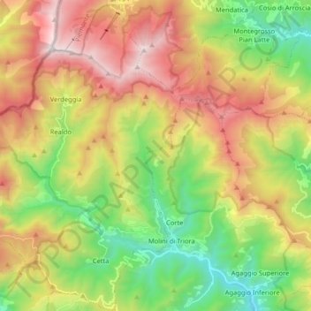 Mapa topográfico Triora, altitud, relieve