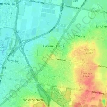 Mapa topográfico Carrum Downs, altitud, relieve