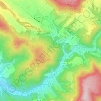 Mapa topográfico Dietzenrode/Vatterode, altitud, relieve