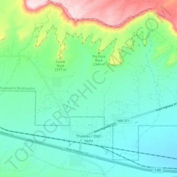 Mapa topográfico Thoreau, altitud, relieve