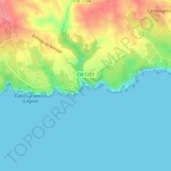 Mapa topográfico Praia de Benagil, altitud, relieve