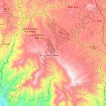 Mapa topográfico Patzún, altitud, relieve