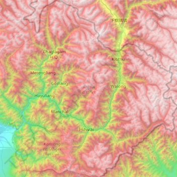 Mapa topográfico Anjaw District, altitud, relieve