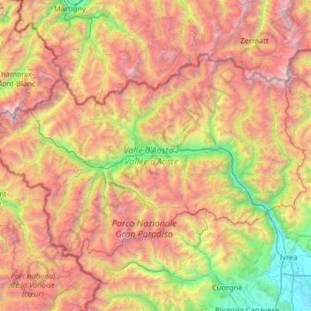 Mapa topográfico Valle de Aosta, altitud, relieve