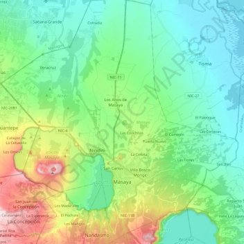 Mapa topográfico Masaya, altitud, relieve