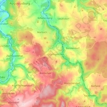 Mapa topográfico Grünhainichen, altitud, relieve