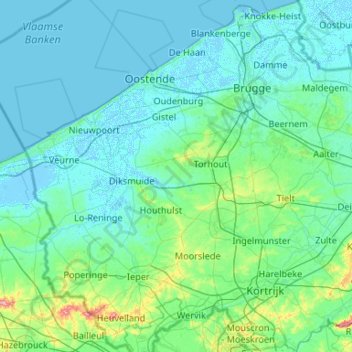 Mapa topográfico Flandre-Occidentale, altitud, relieve