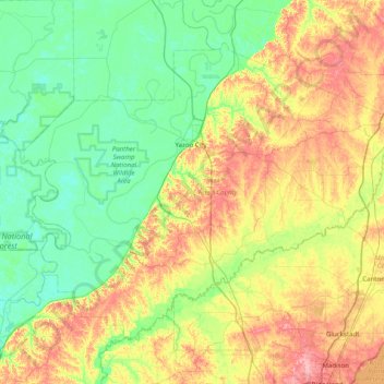 Mapa topográfico Yazoo County, altitud, relieve