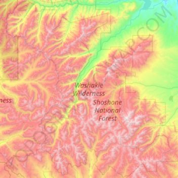 Mapa topográfico Washakie Wilderness Area, altitud, relieve