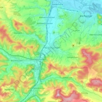 Mapa topográfico Wehretal, altitud, relieve