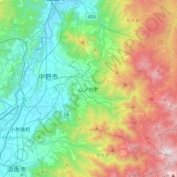 Mapa topográfico Yamanouchi, altitud, relieve