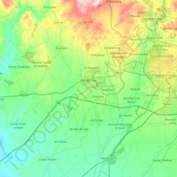 Mapa topográfico Aïn Arnat, altitud, relieve