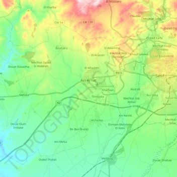 Mapa topográfico Aïn Arnat, altitud, relieve