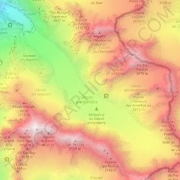 Mapa topográfico Glacier d'Argentière, altitud, relieve