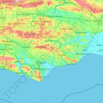 Mapa topográfico East Sussex, altitud, relieve