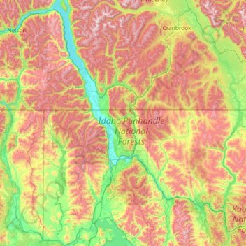 Mapa topográfico Kootenay River, altitud, relieve