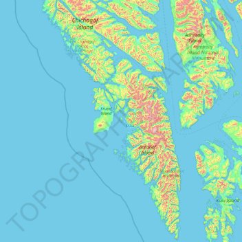 Mapa topográfico Sitka, altitud, relieve