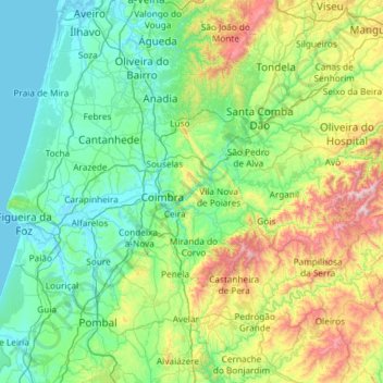Mapa topográfico Coimbra, altitud, relieve