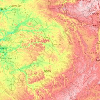 Mapa topográfico Champagne-Ardenne, altitud, relieve
