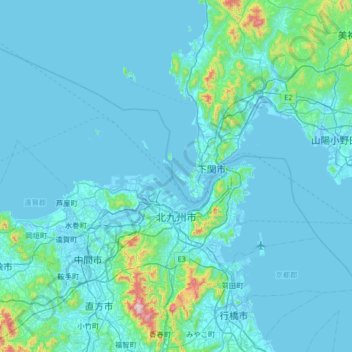 Mapa topográfico Kitakyūshū, altitud, relieve