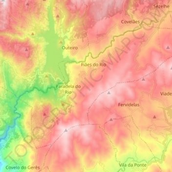 Mapa topográfico Paradela, Contim e Fiães, altitud, relieve